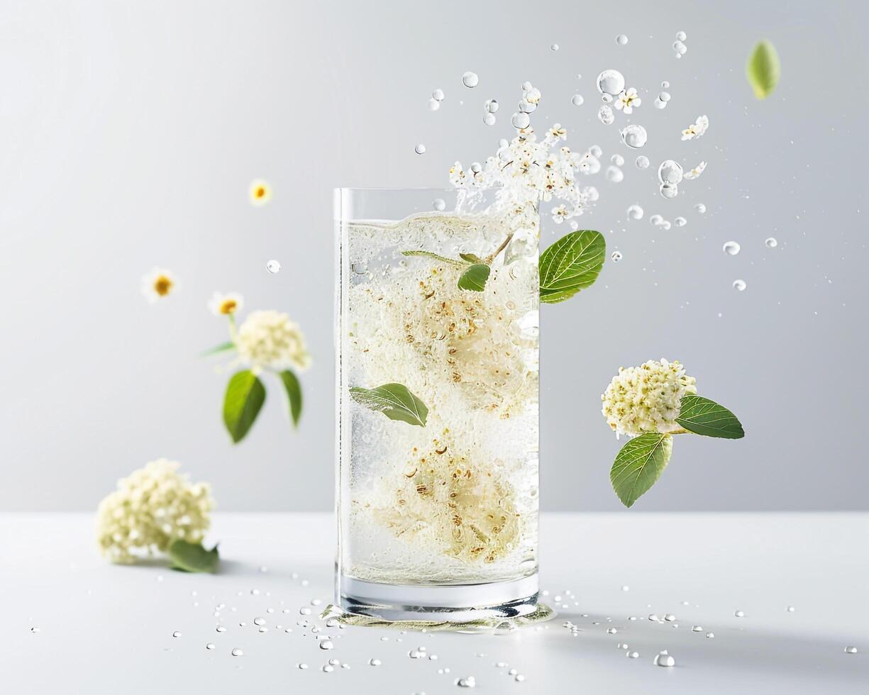 a glass of water with flowers and leaves background photo