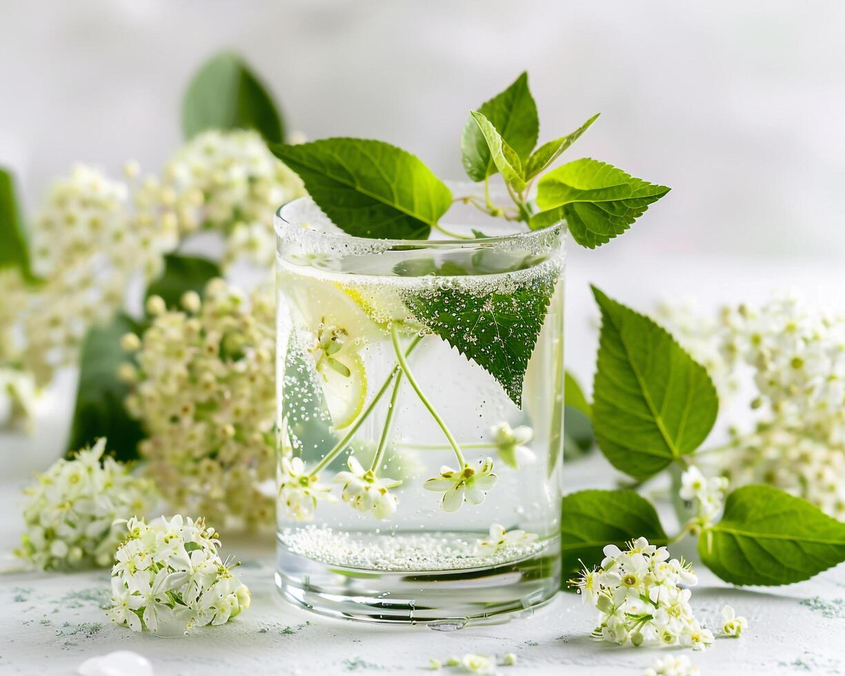 a glass of water with white flowers and leaves background photo