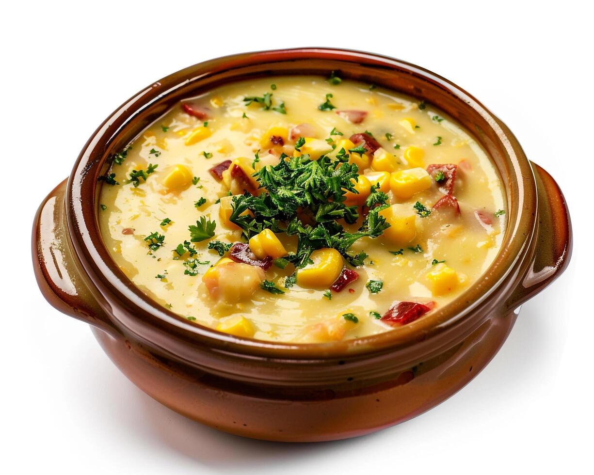 corn and bean soup in a brown bowl background photo
