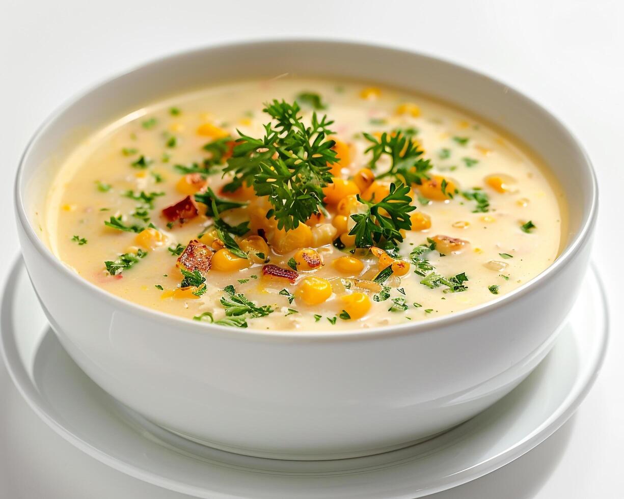 a bowl of soup with corn and herbs background photo