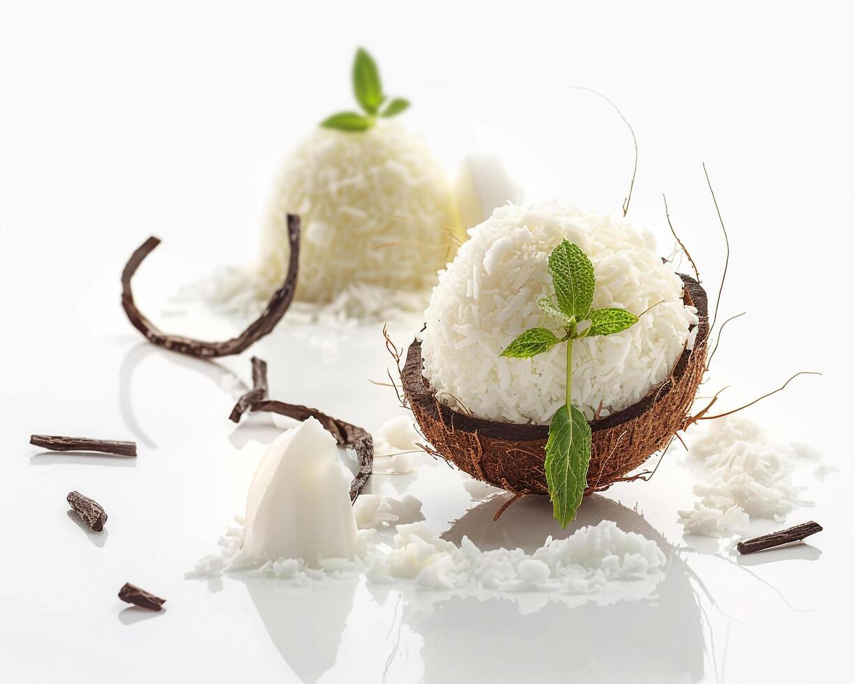 coconut ice cream with vanilla and mint background photo