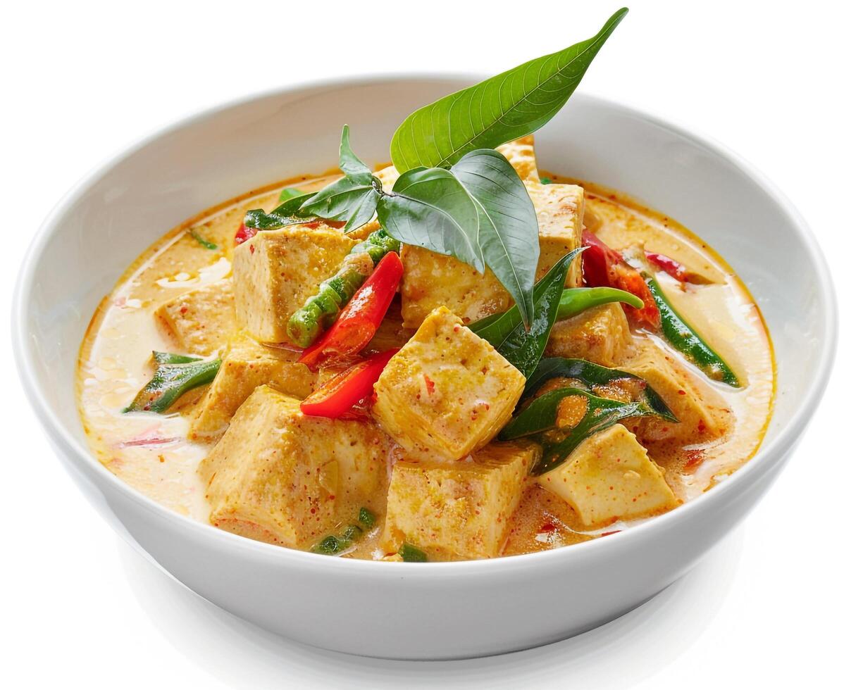 a bowl of curry with tofu and vegetables background photo
