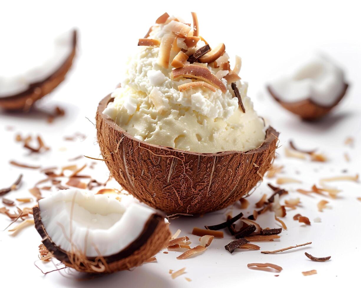 a coconut with ice cream and coconut flakes background photo