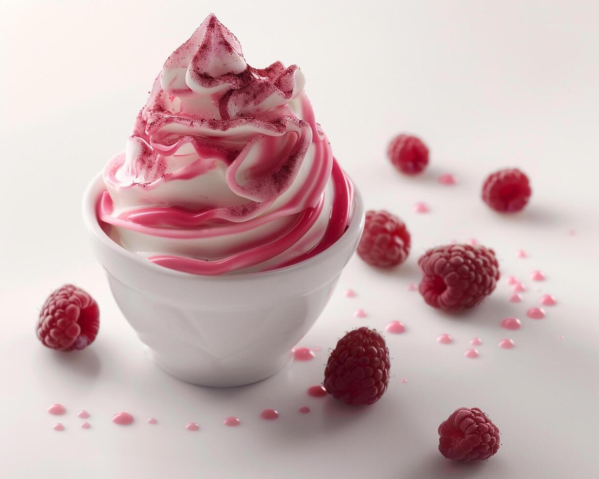 a cup of ice cream with whipped cream and raspberries background photo