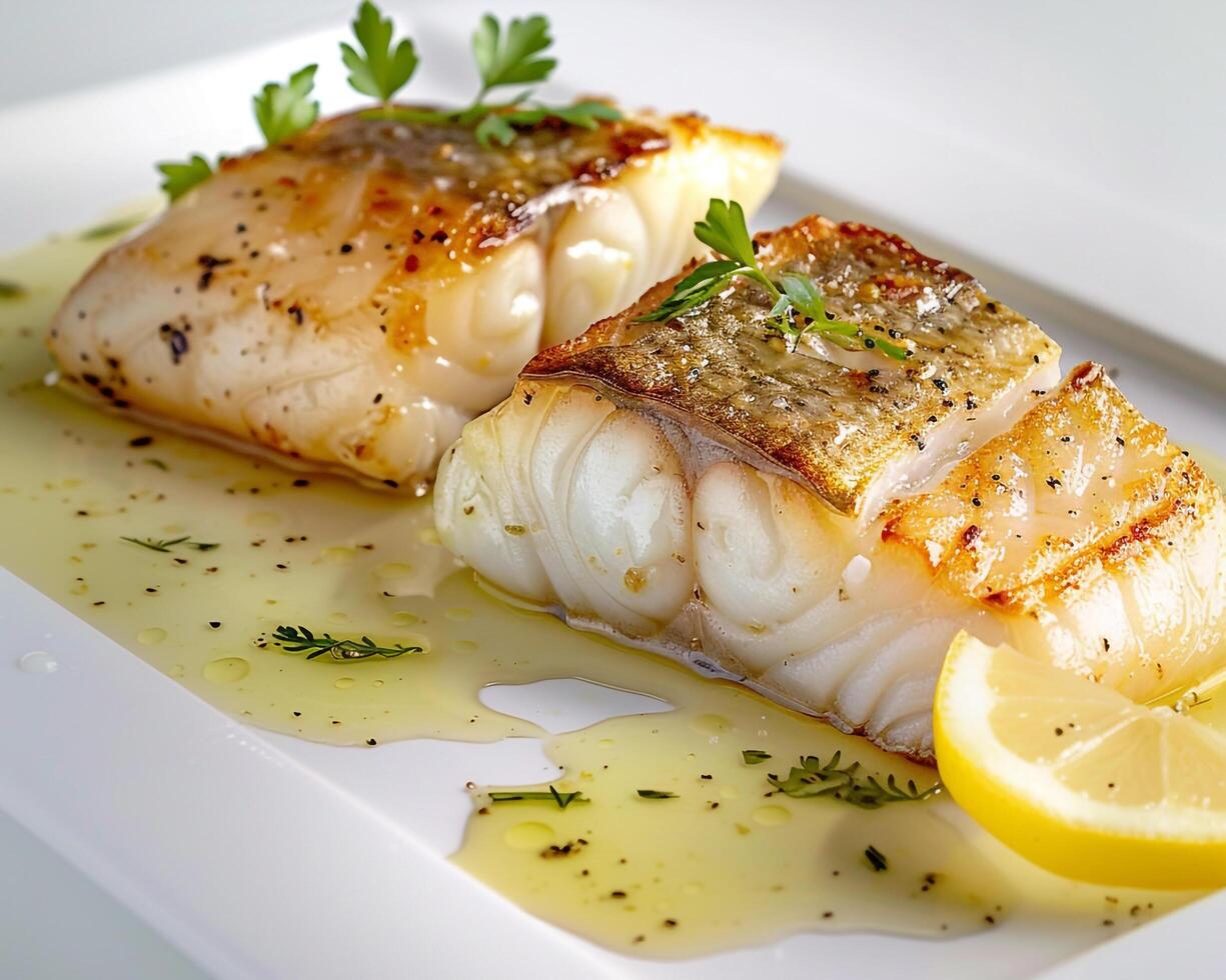 two fish fillets with lemon and parsley on a white plate photo