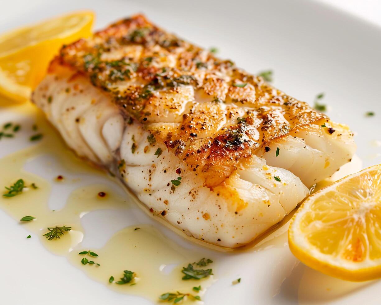 a fish fillet with lemon slices on a white plate photo