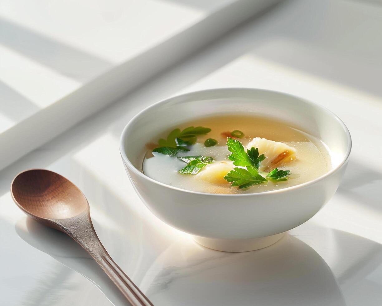 a bowl of soup with a spoon and a wooden spoon photo