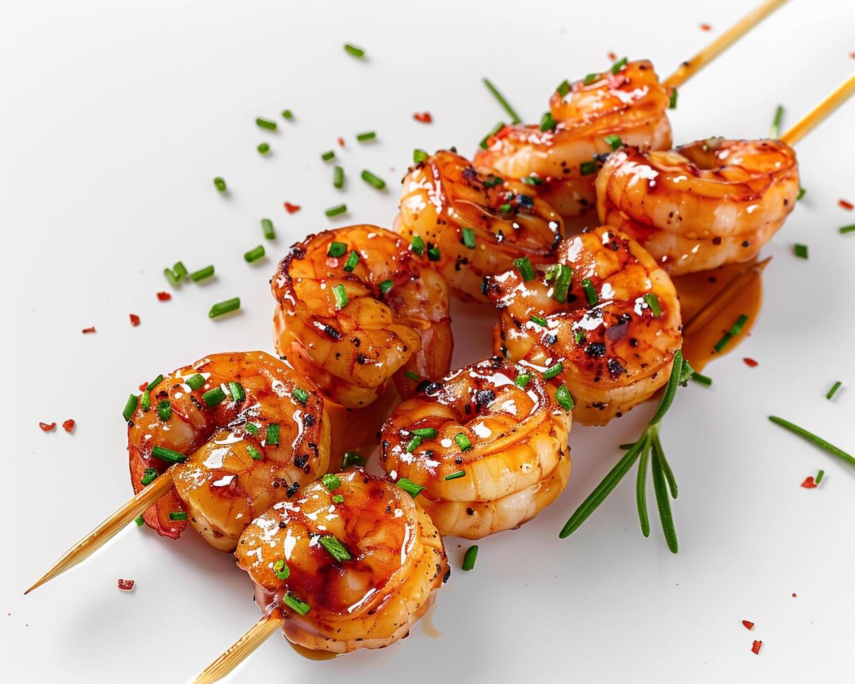 shrimp skewers with sauce and herbs on a white plate photo