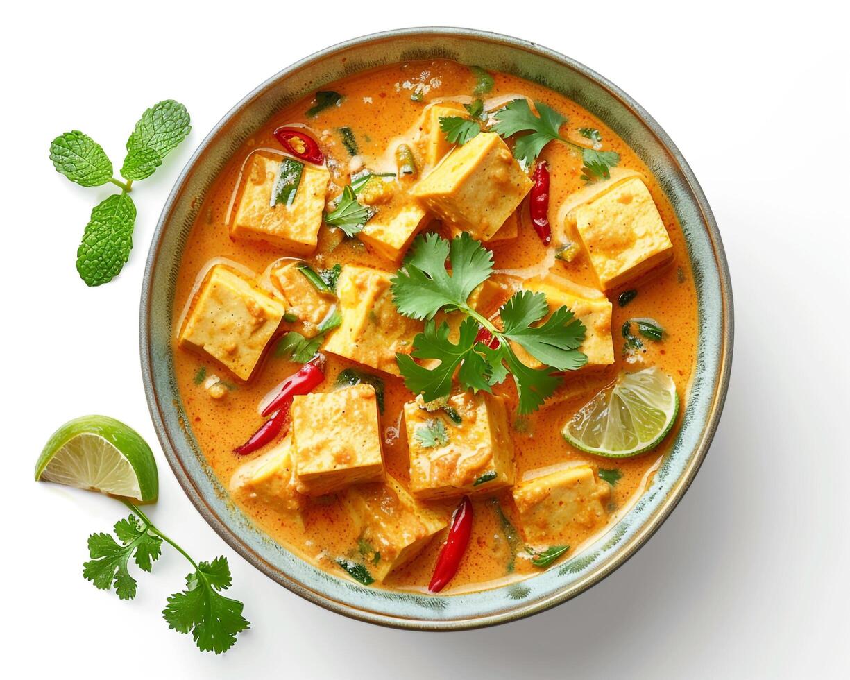 thai curry tofu in a bowl with lime leaves and cilantro photo