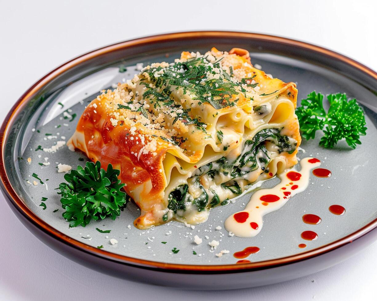 a plate with a lasagna on it background photo