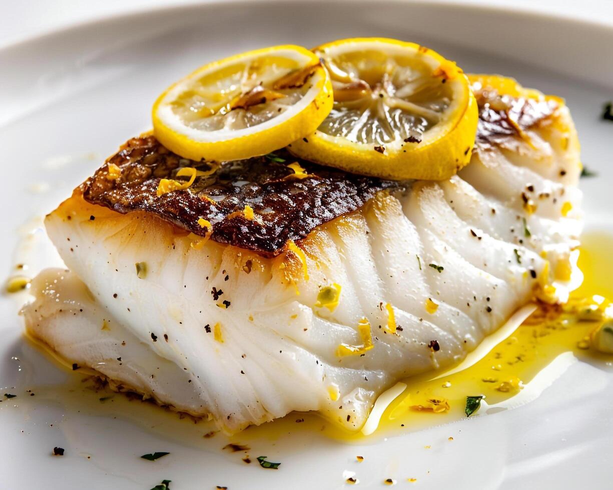 a piece of fish with lemon slices on top background photo