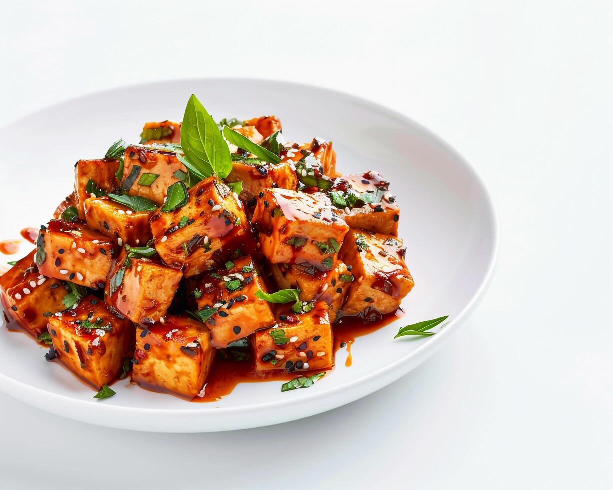 a plate of food with sauce and garnish background photo