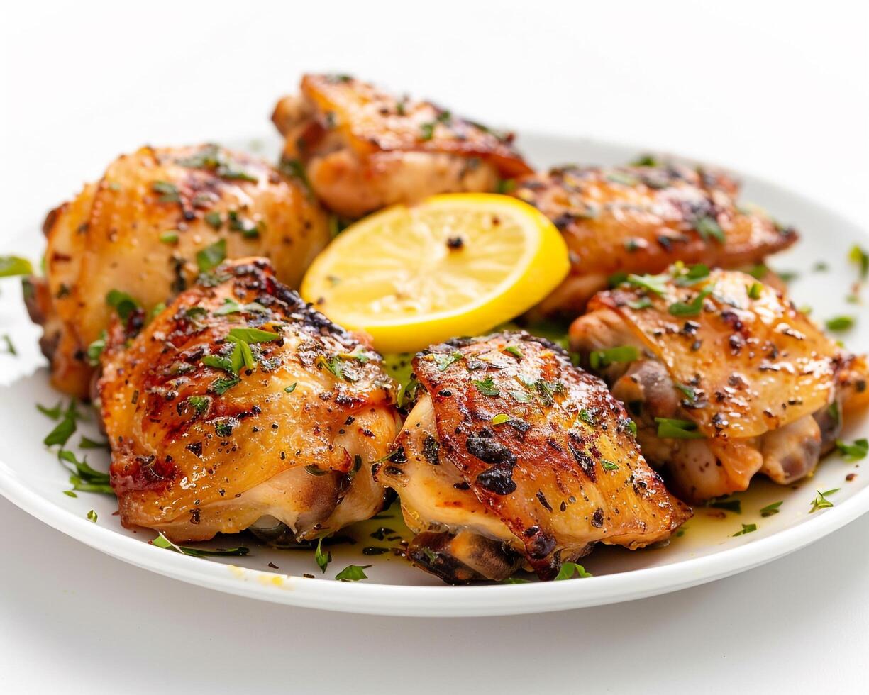 a plate of chicken with lemon and herbs background photo