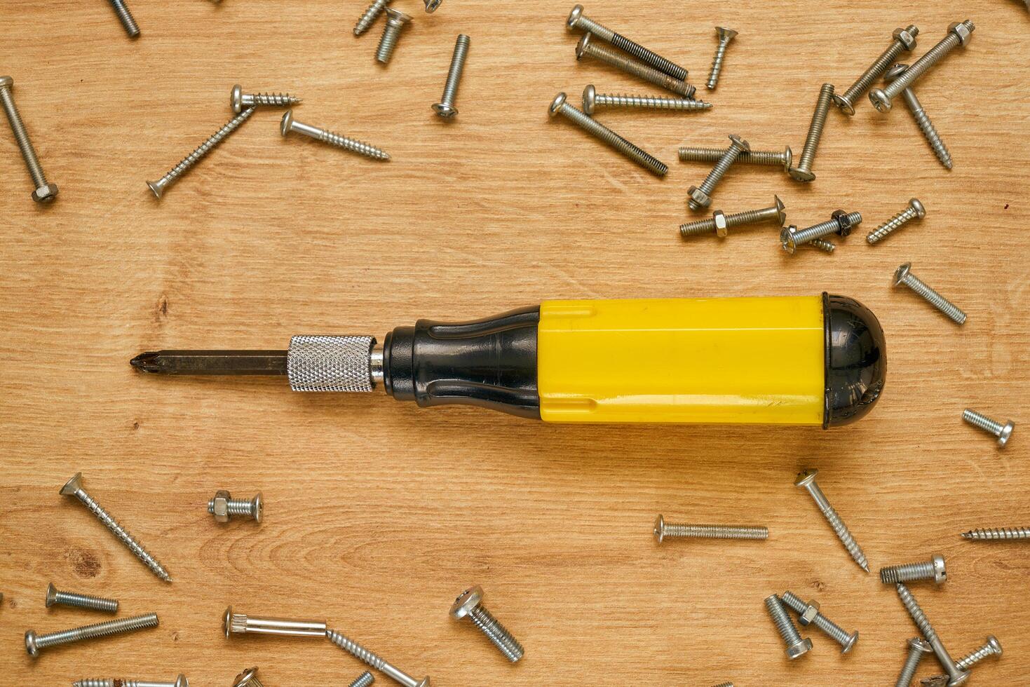 Screwdriver and screws on a table photo