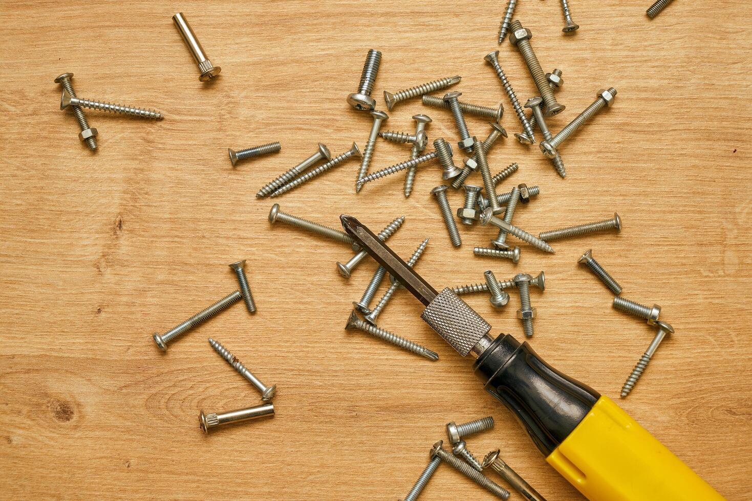 Screwdriver and screws on a table photo