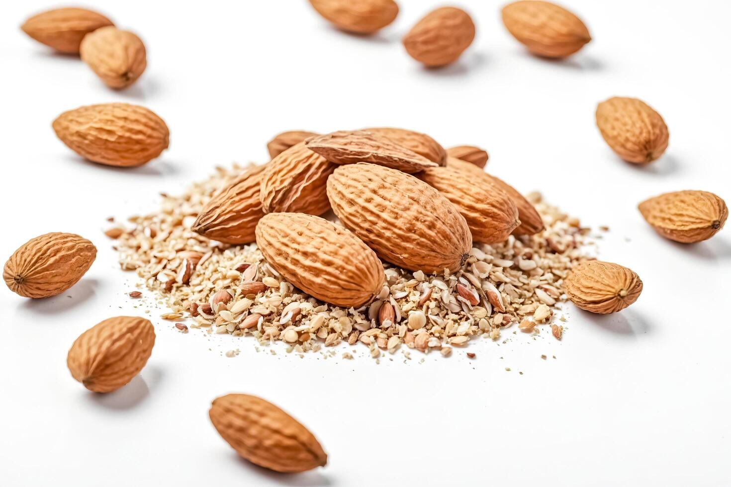 Almond nuts scattered on white background photo