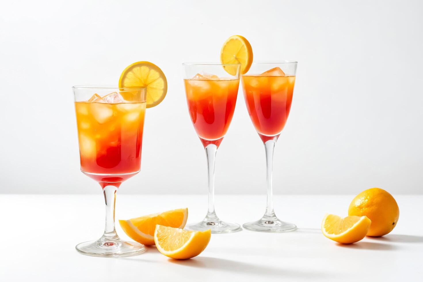Three glasses of orange juice with lemon wedges on a white background photo