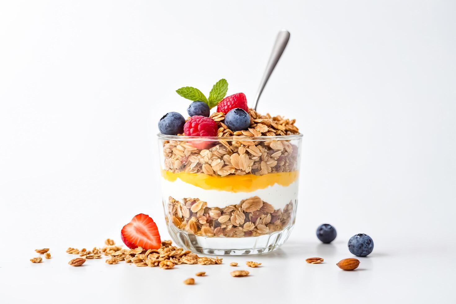Granola parfait with yogurt, mango, berries and almonds photo