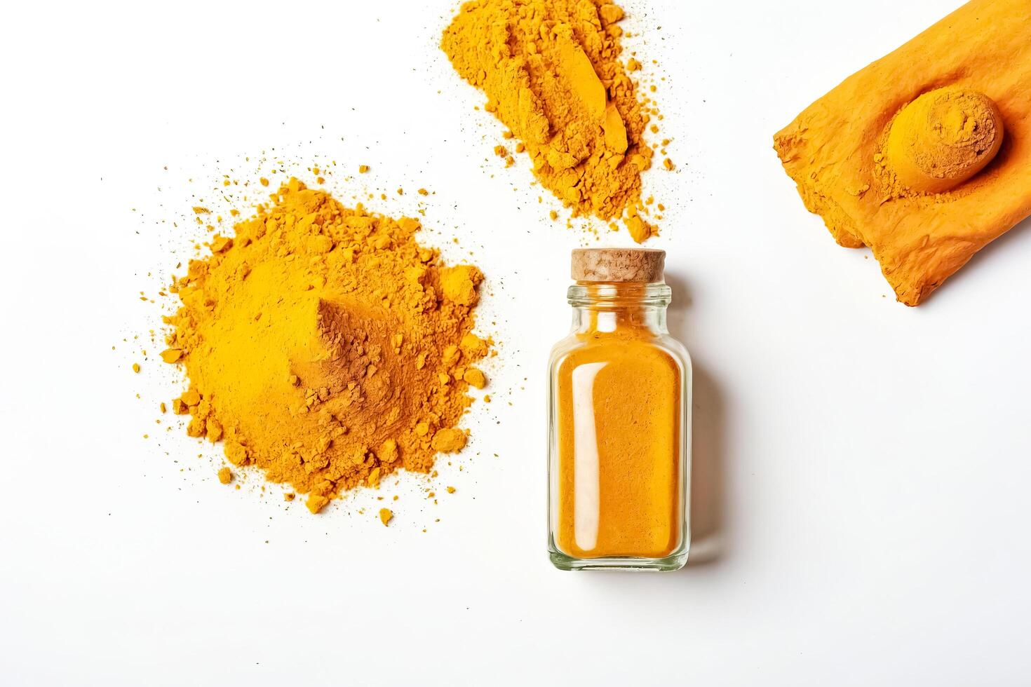 Turmeric powder in a glass bottle and scattered on a white background photo