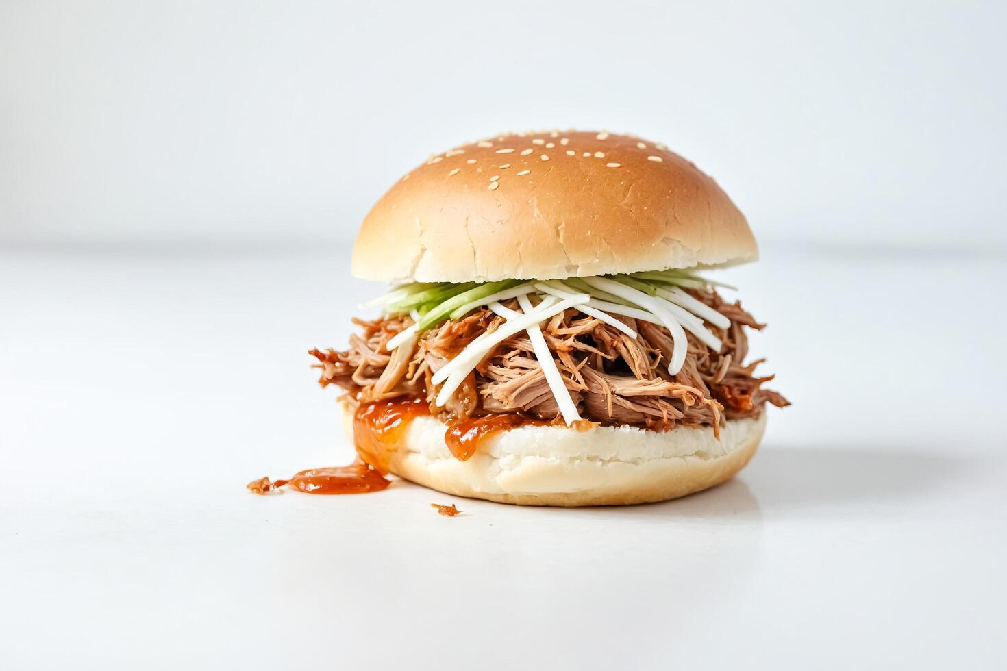 Pulled Pork Sandwich with Sesame Seed Bun and Sweet Sauce photo