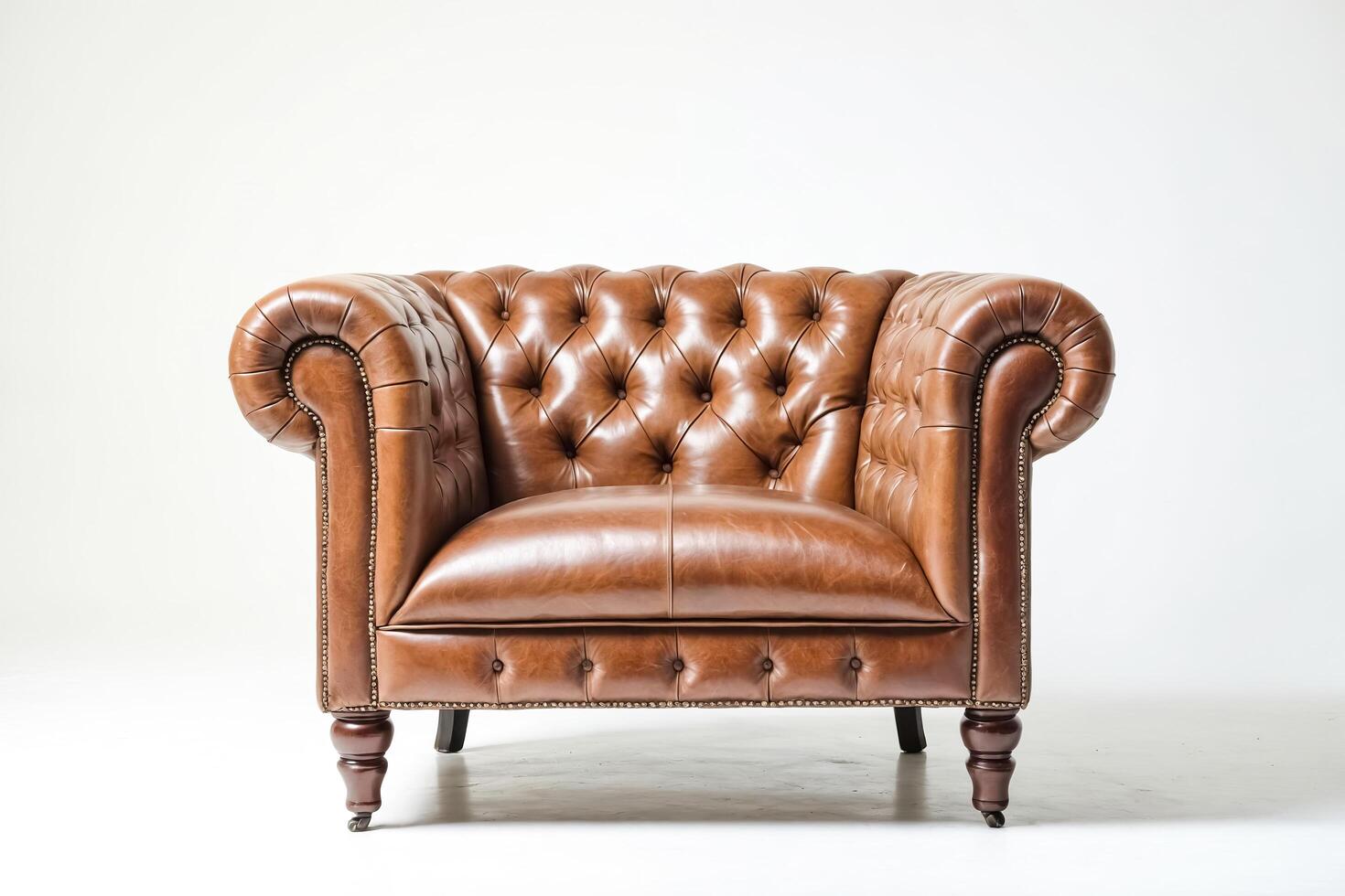 Brown Leather Armchair with Wooden Legs photo