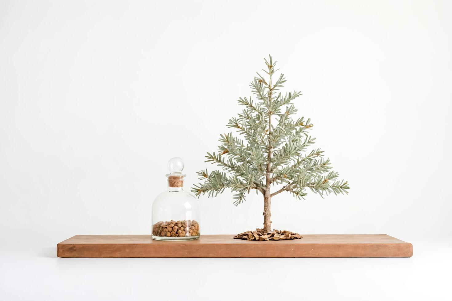 Miniature Christmas Tree with Glass Jar and Cork on Wooden Shelf photo