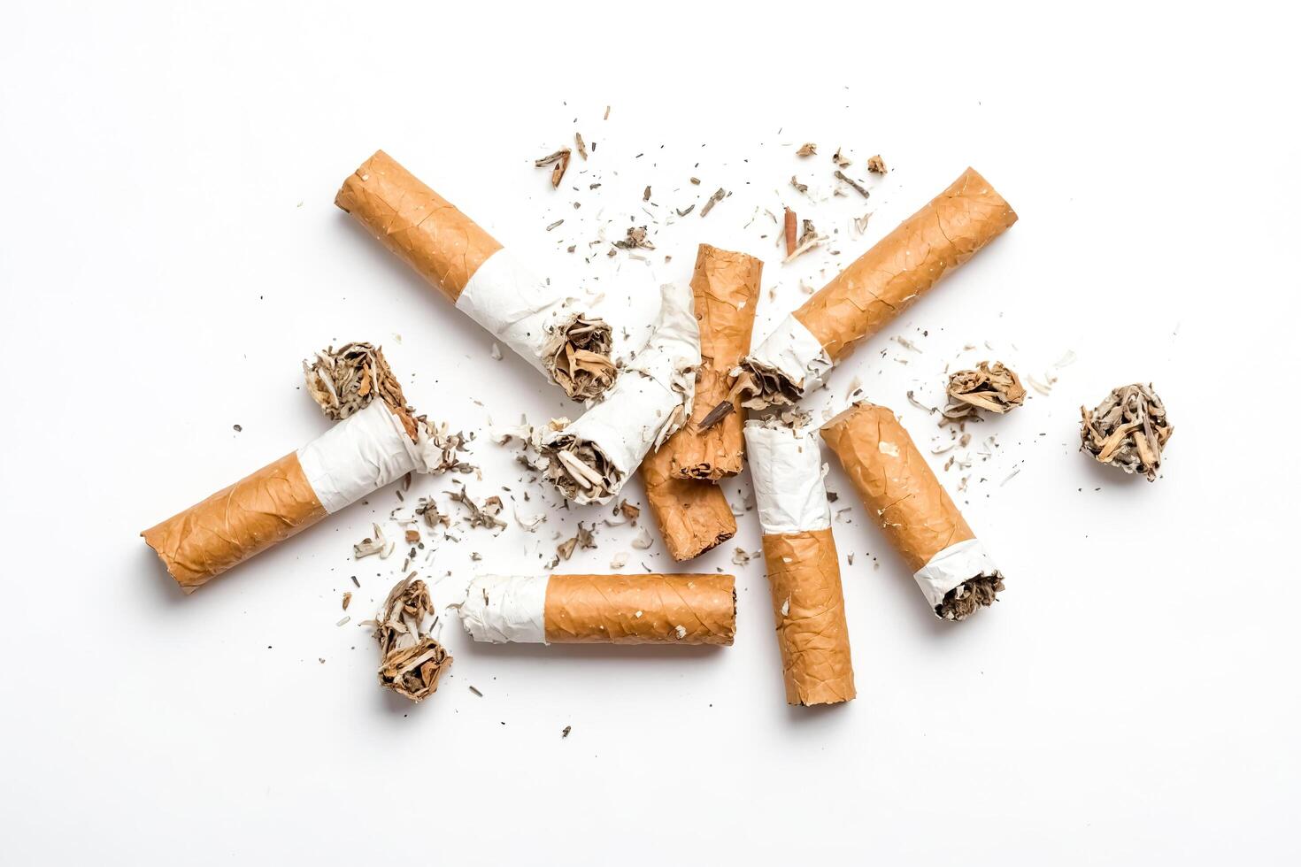 Scattered Cigarette Butts and Ashes on White Background photo
