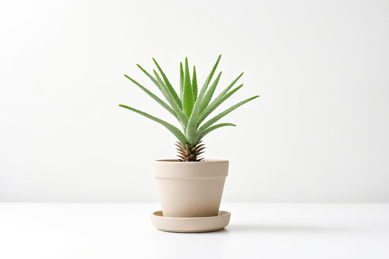 Aloe Vera Plant in a Beige Pot on a White Background photo