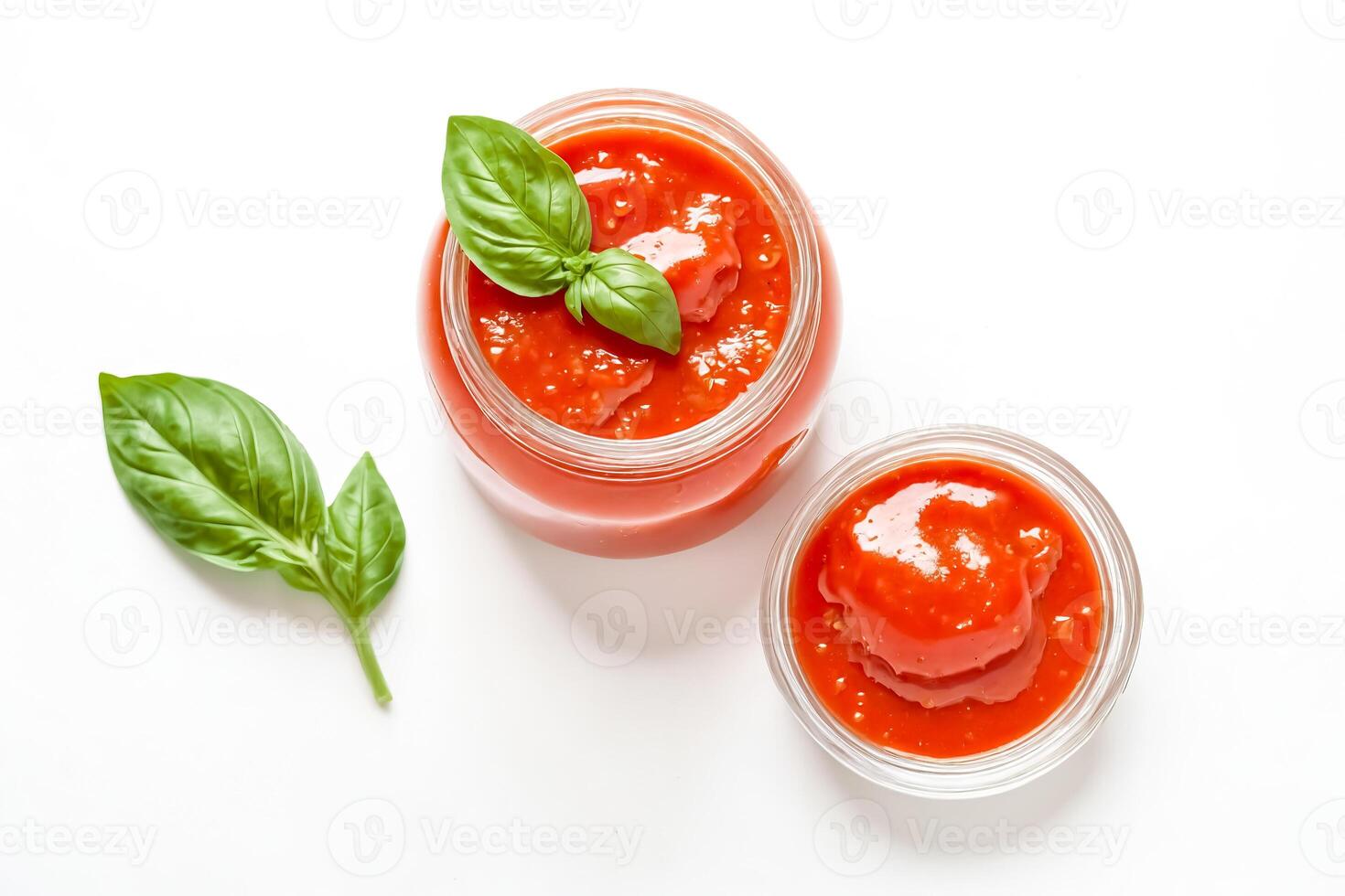 Homemade tomato sauce in glass jars with basil leaves photo