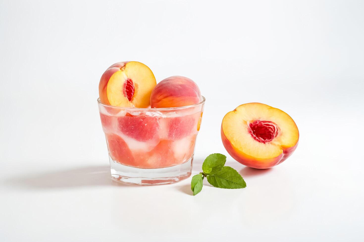 Fresh Peach Smoothie with Ice Cubes and Mint Leaves photo