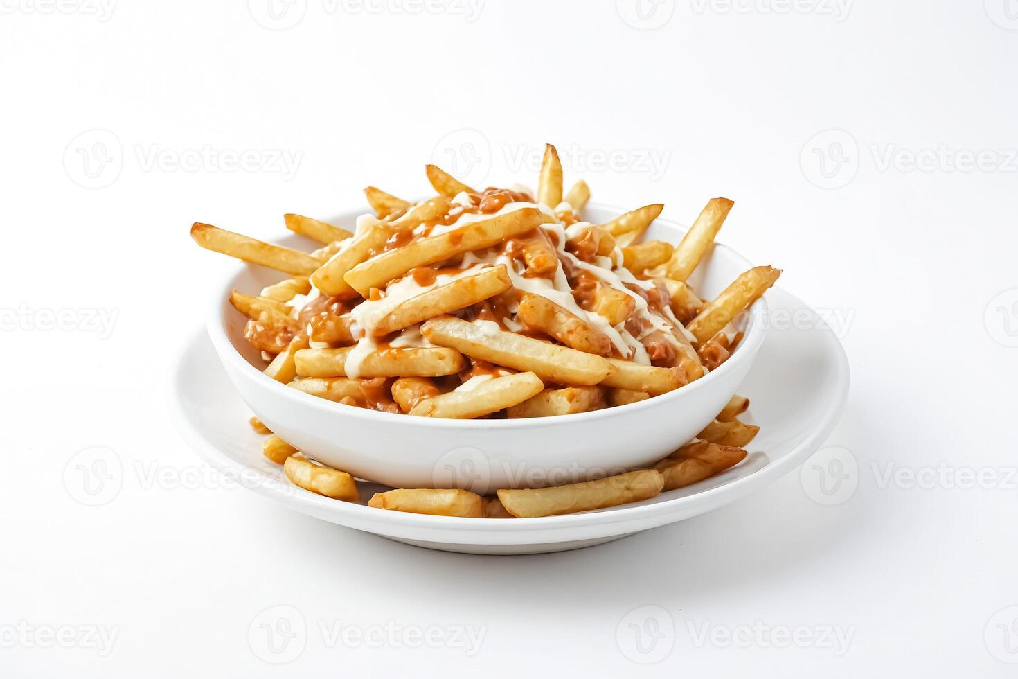 Closeup of Poutine in a White Bowl on White Background photo