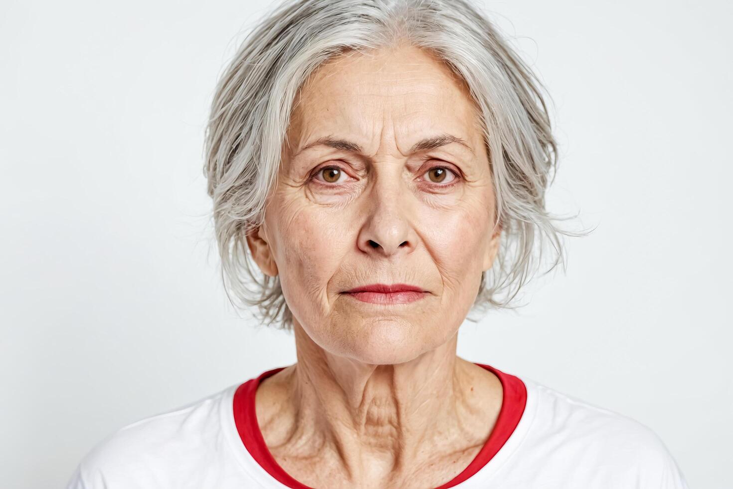 Portrait of a senior woman with gray hair and a serious expression photo