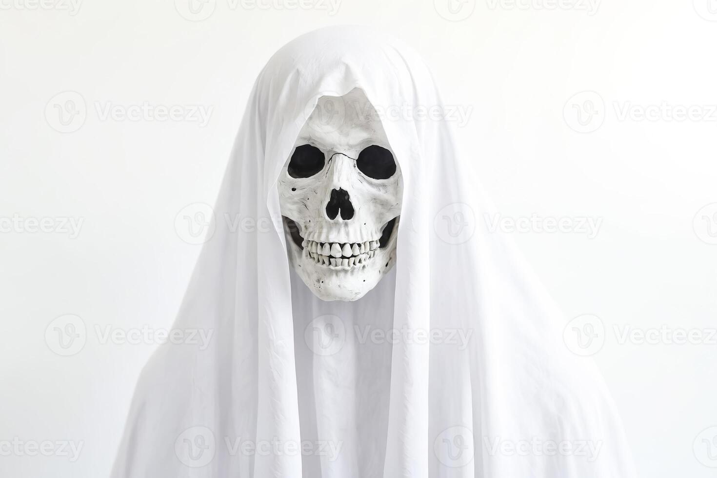 Ghostly Skull Peeking Through White Sheet photo