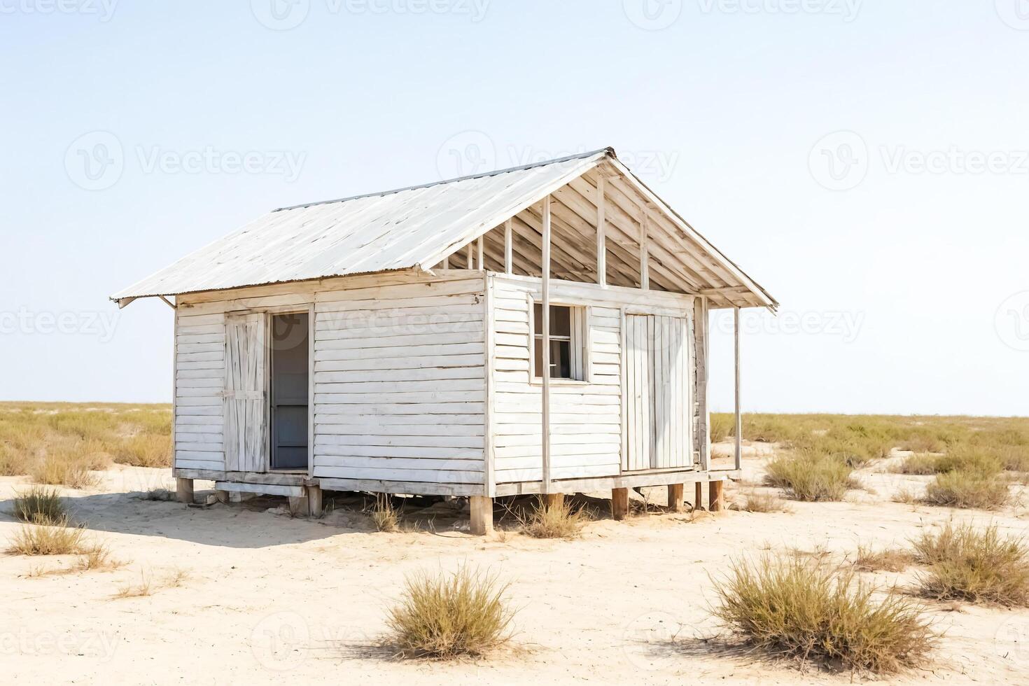Lonely White Wooden Cabin in a Desert Landscape photo