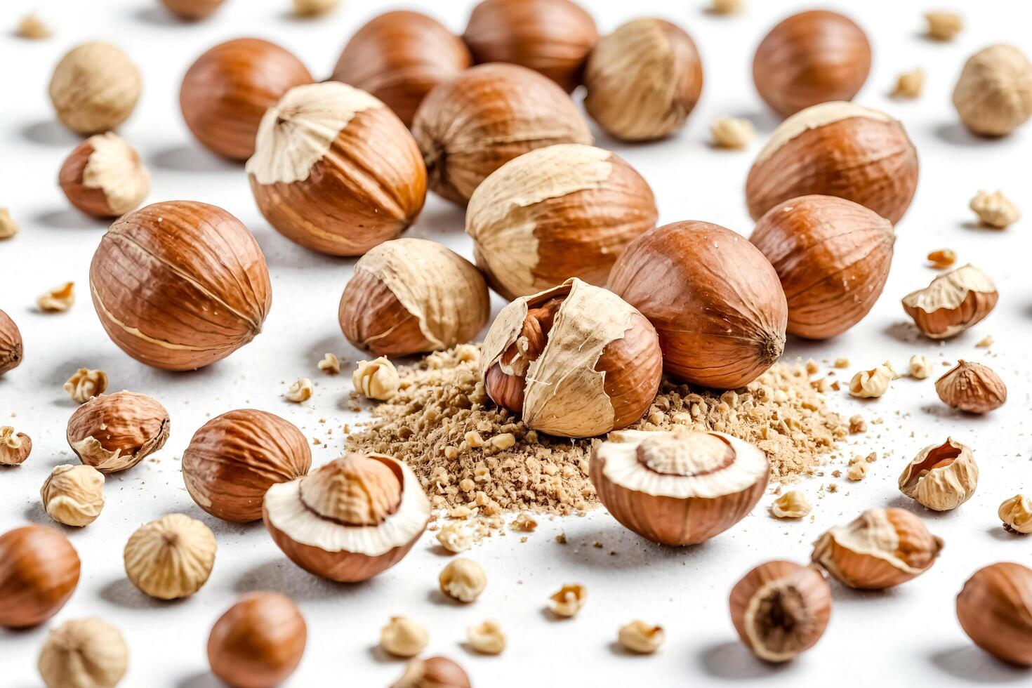 Close-up of Hazelnuts and Hazelnut Flour on White Background photo