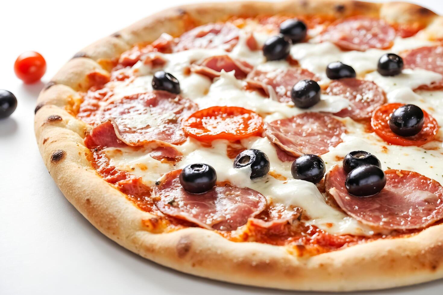Close up of a pizza with salami, olives and mozzarella photo