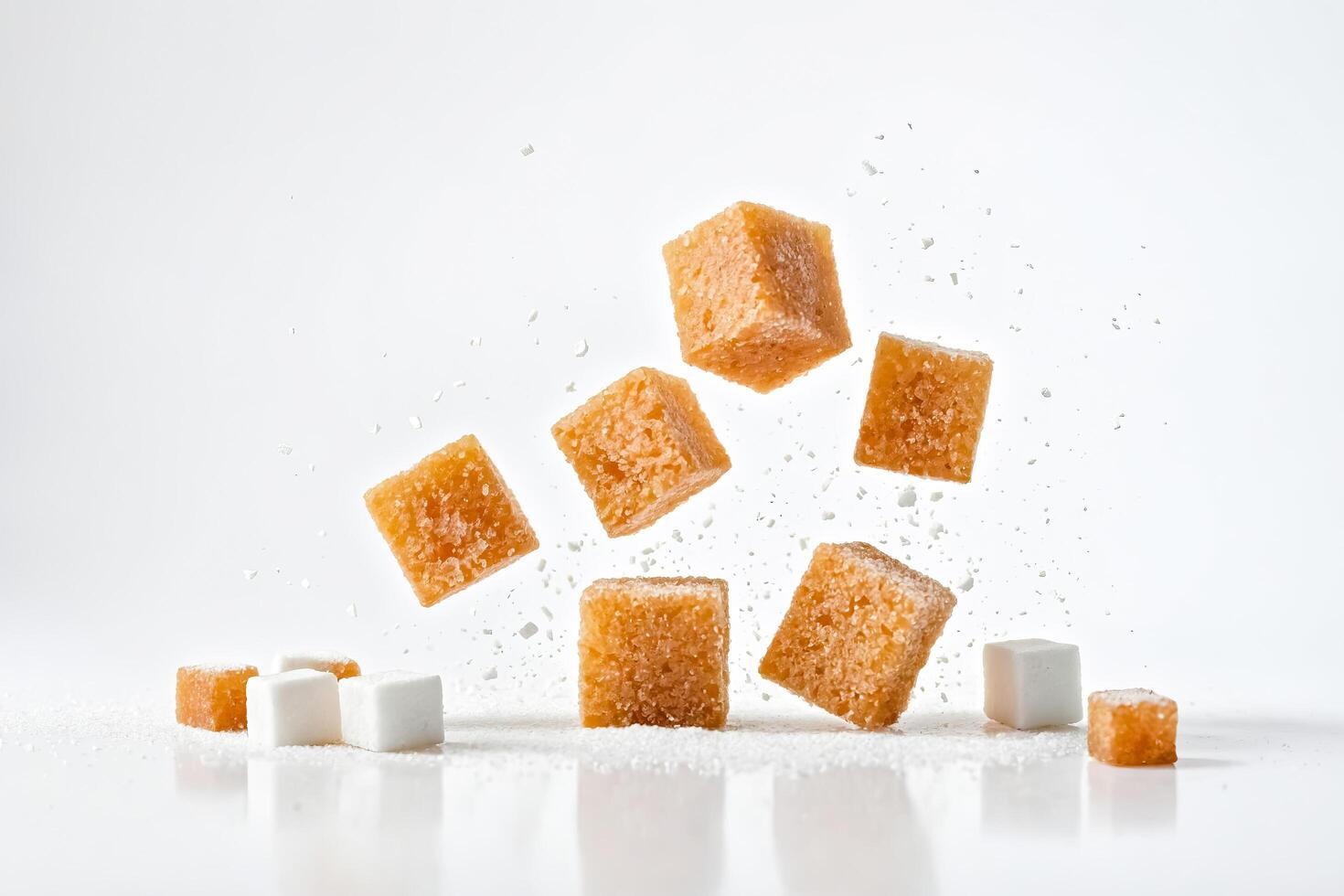 Brown and White Sugar Cubes Falling with Sugar Dust photo