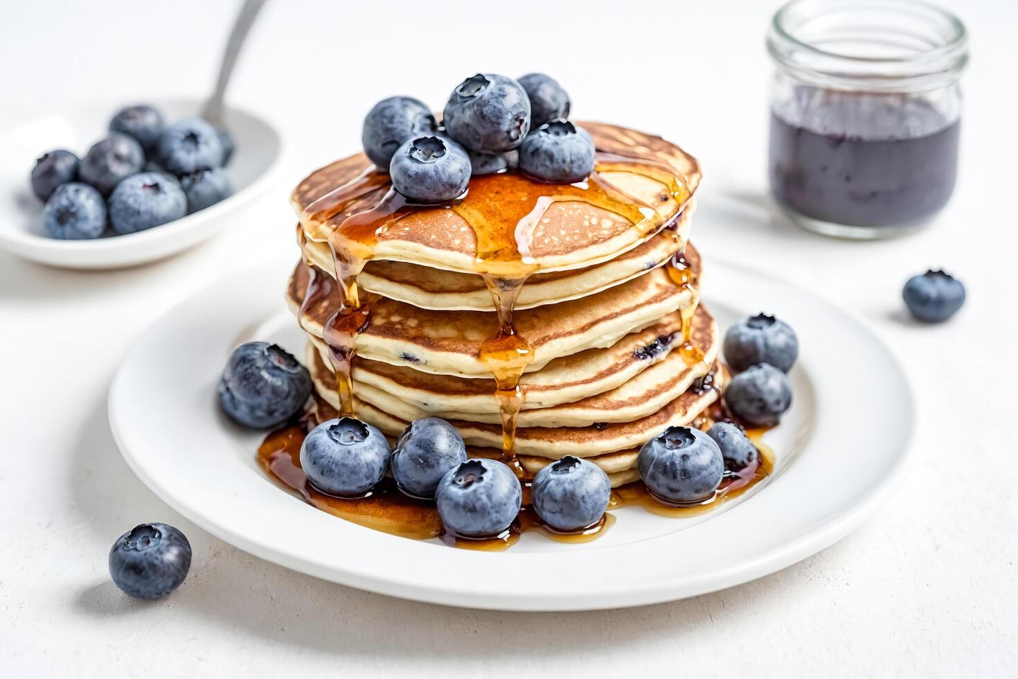 Stack of Pancakes with Blueberries and Syrup photo