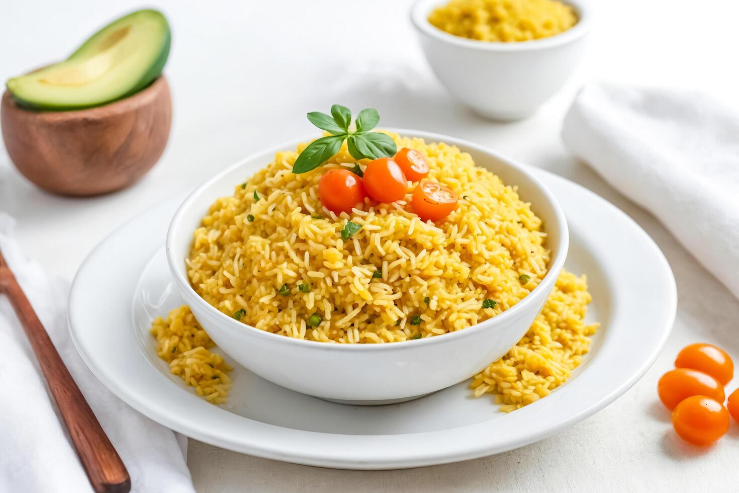 Close Up of Yellow Rice with Cherry Tomatoes and Basil photo