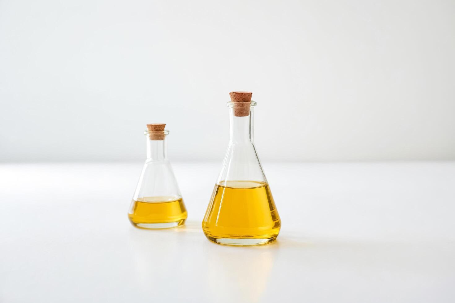 Two Glass Bottles with Cork Stoppers Filled with Golden Liquid on a White Background photo