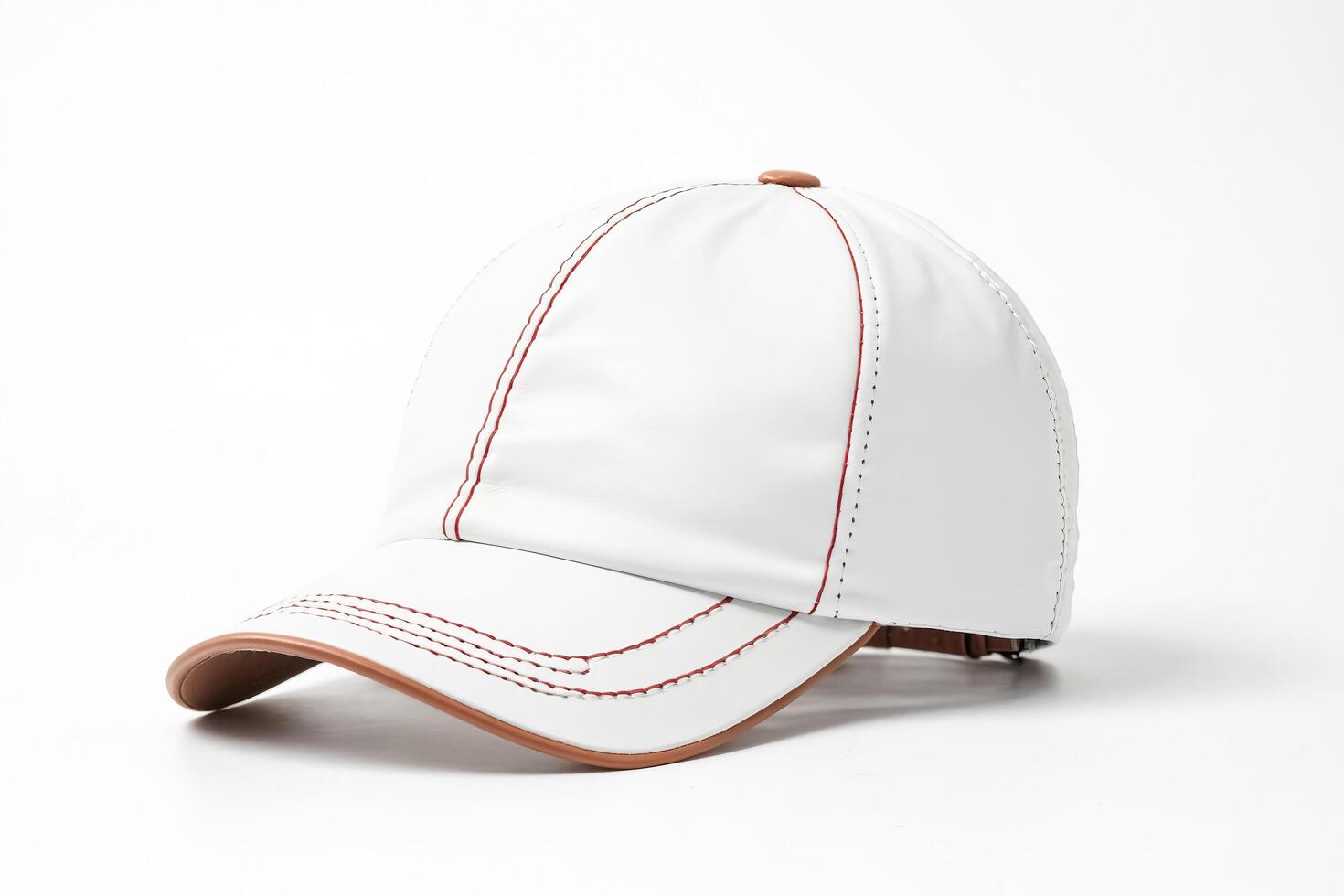 White Leather Baseball Cap with Red Stitching photo