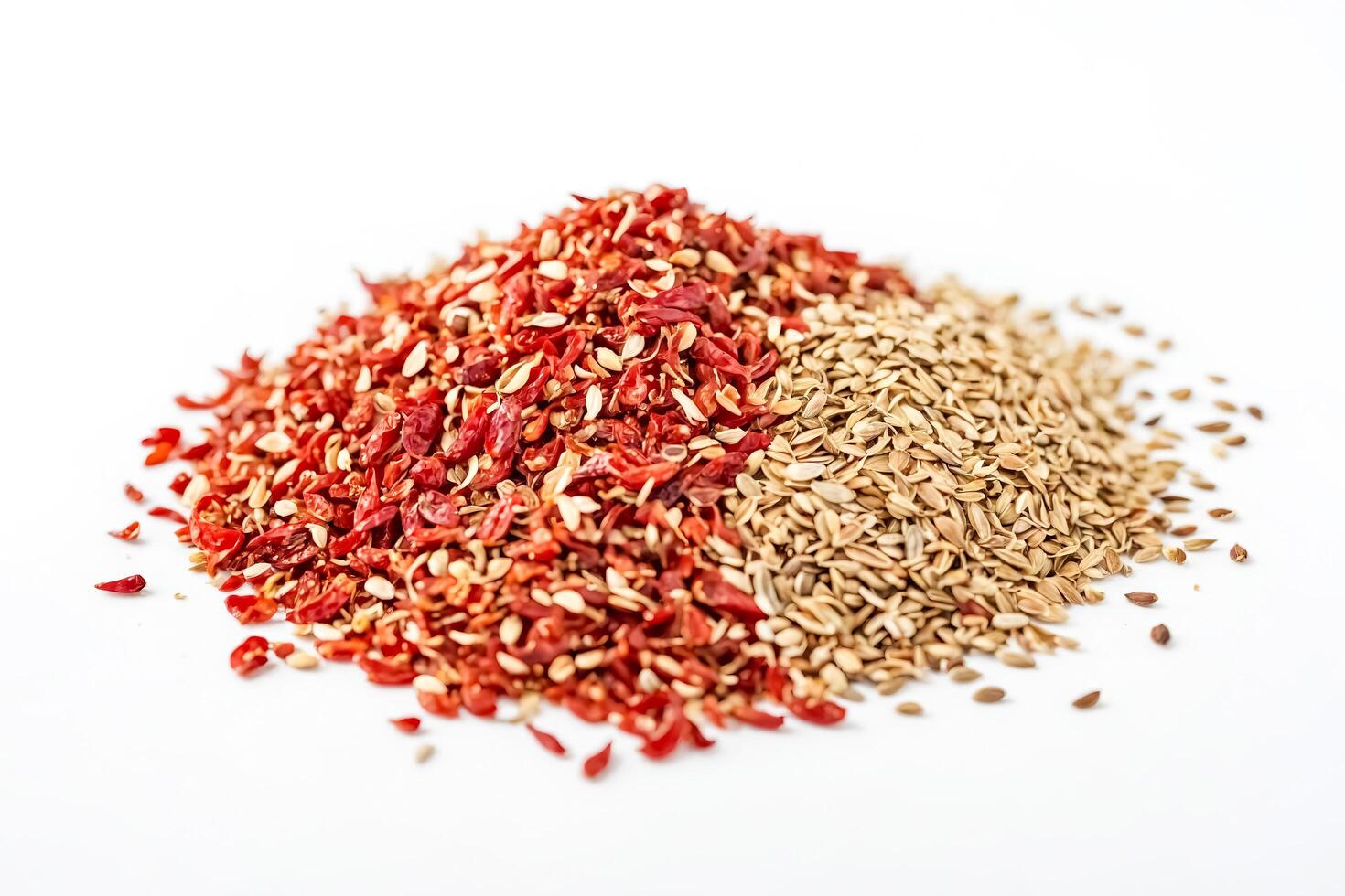 Dried Red Pepper Flakes and Cumin Seeds on White Background photo