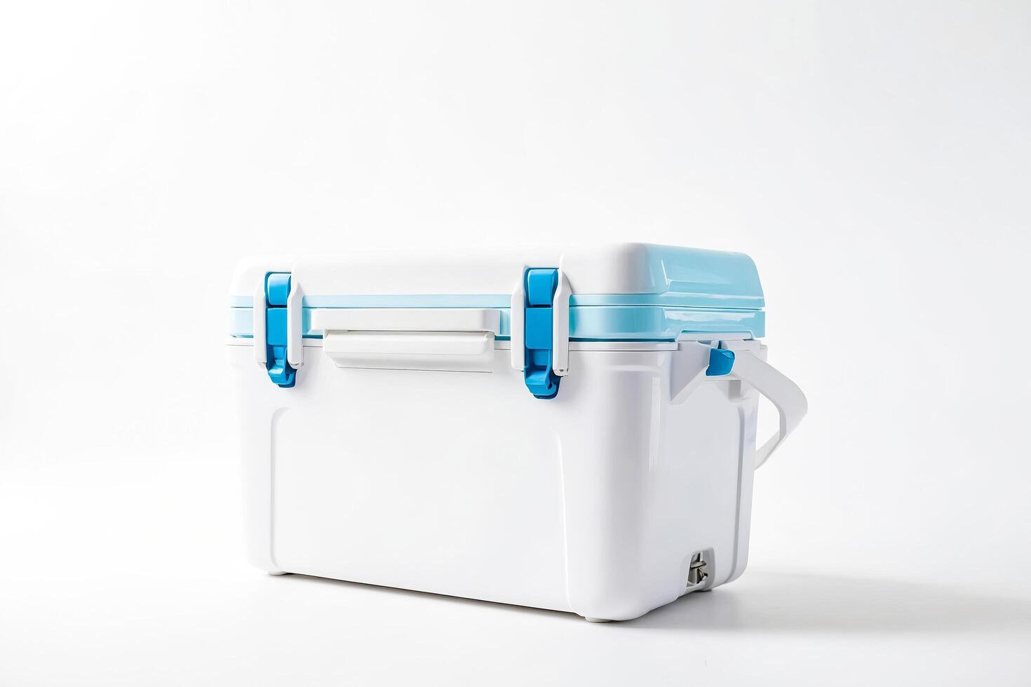 White and Blue Cooler Box on White Background photo
