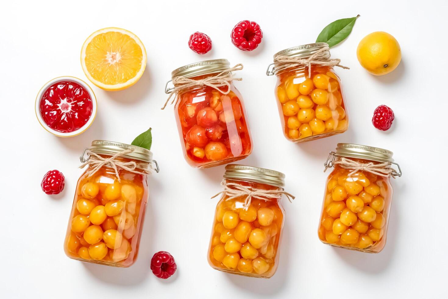 Preserved Cherries in Jars with Citrus and Raspberries photo