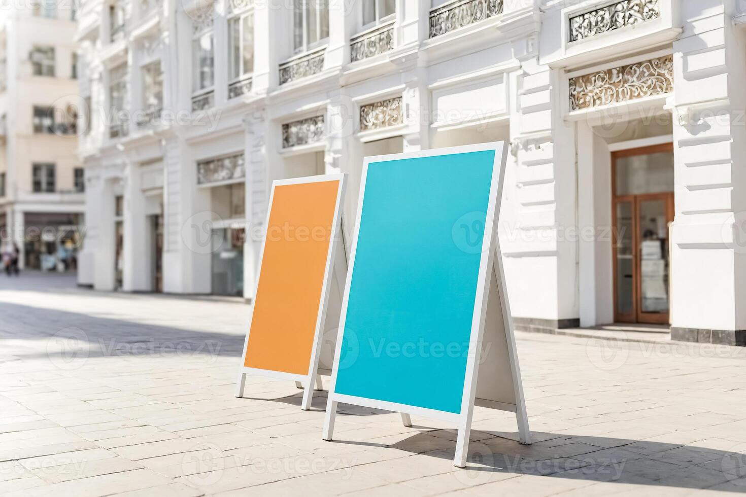 Blank A-Frame Signboards in Front of a White Building photo