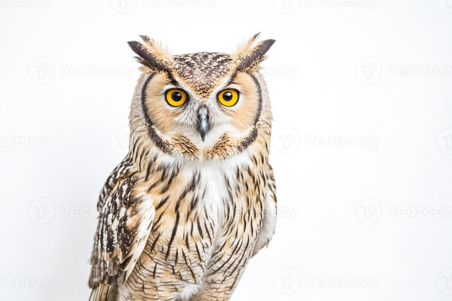 Portrait of an owl with intense yellow eyes photo