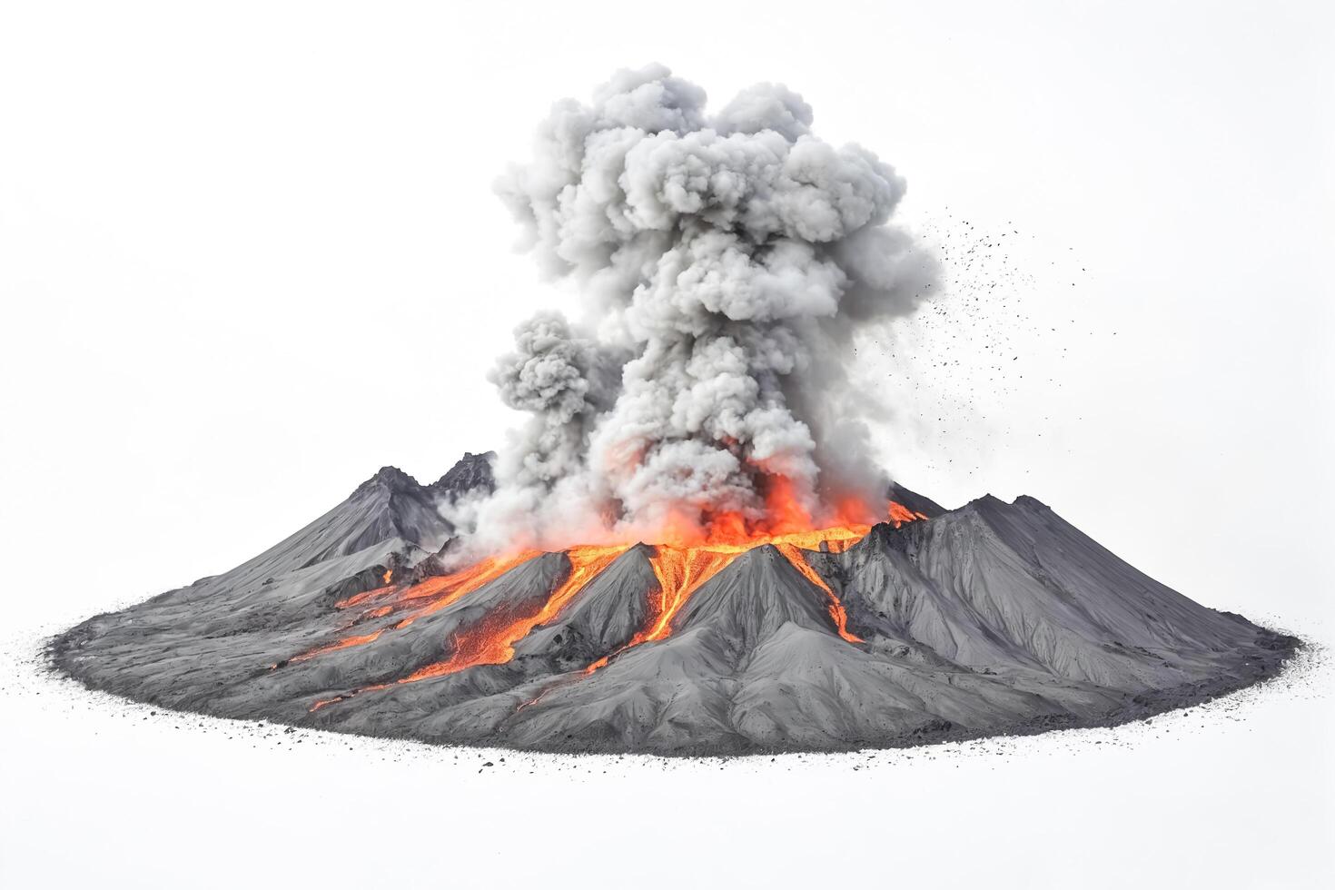 Erupting Volcano with Smoke and Lava Isolated on White photo