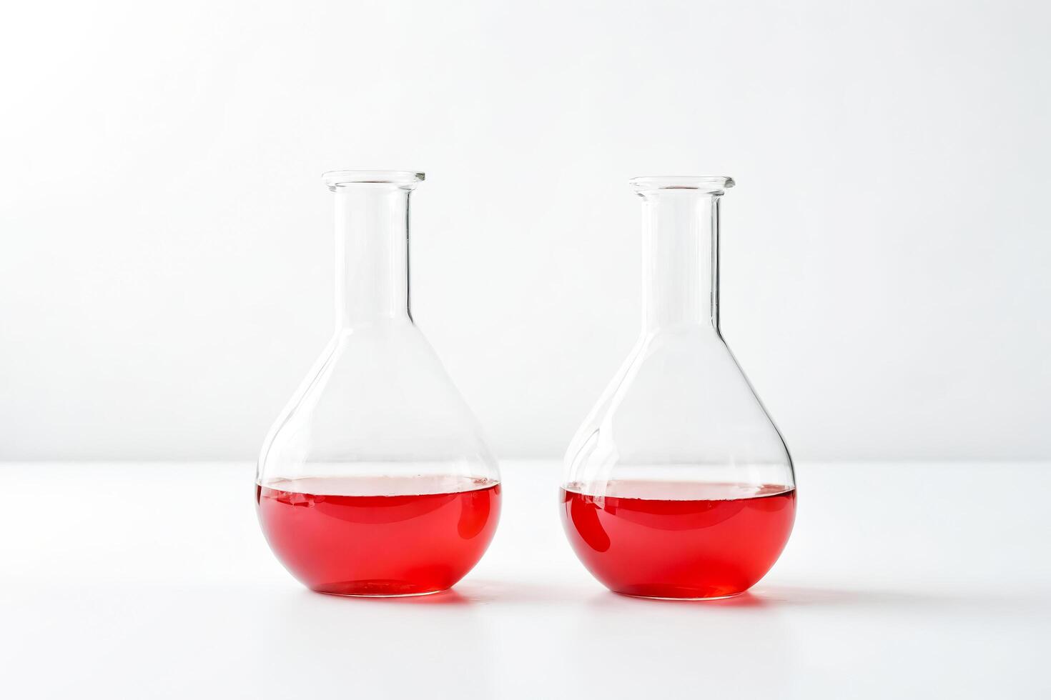 Two beakers with red liquid on a white background photo