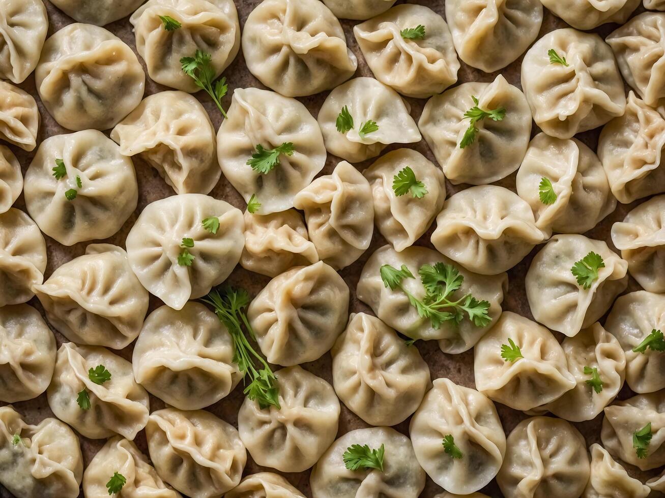 A Plentiful Array of Fresh Dumplings Garnished with Parsley. background, texture photo