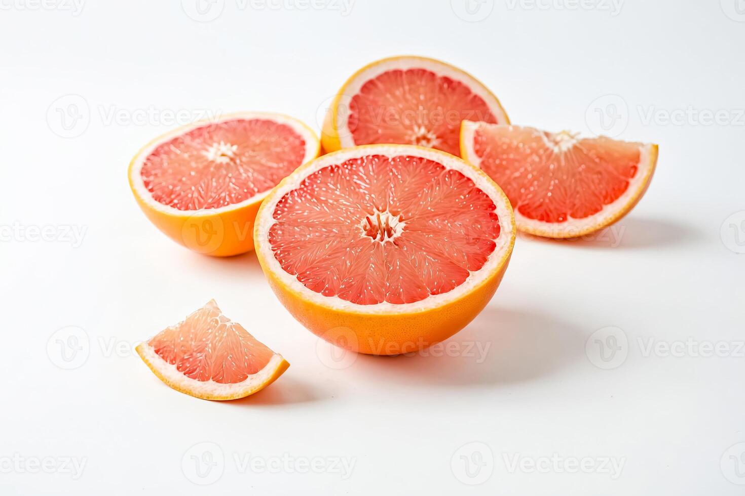Close Up of Fresh Grapefruit Halves and Slices on White Background photo